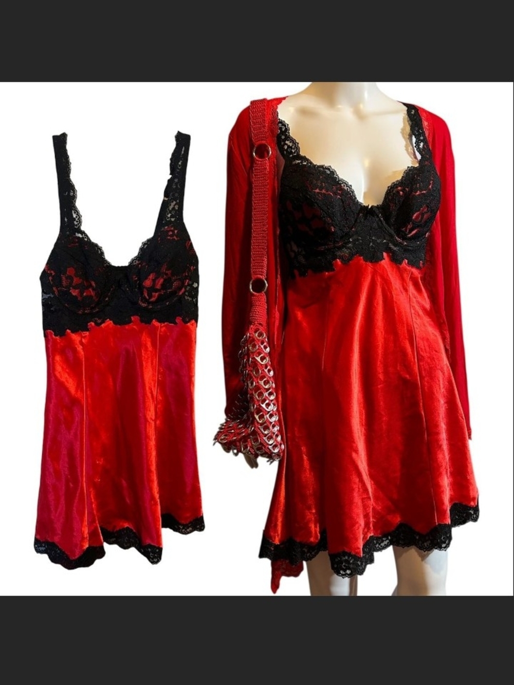 Victoria's Secret Red Satin Chemise with Black Lace Trim